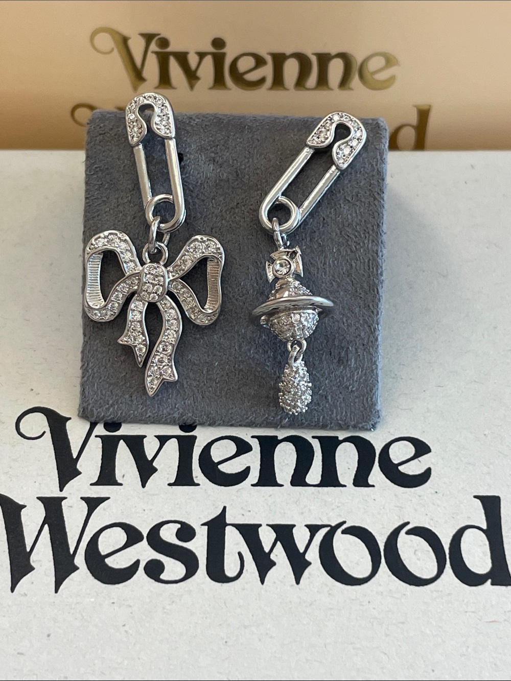 Vivienne Westwood Silver Crystal Bow and Orb Drop Earrings